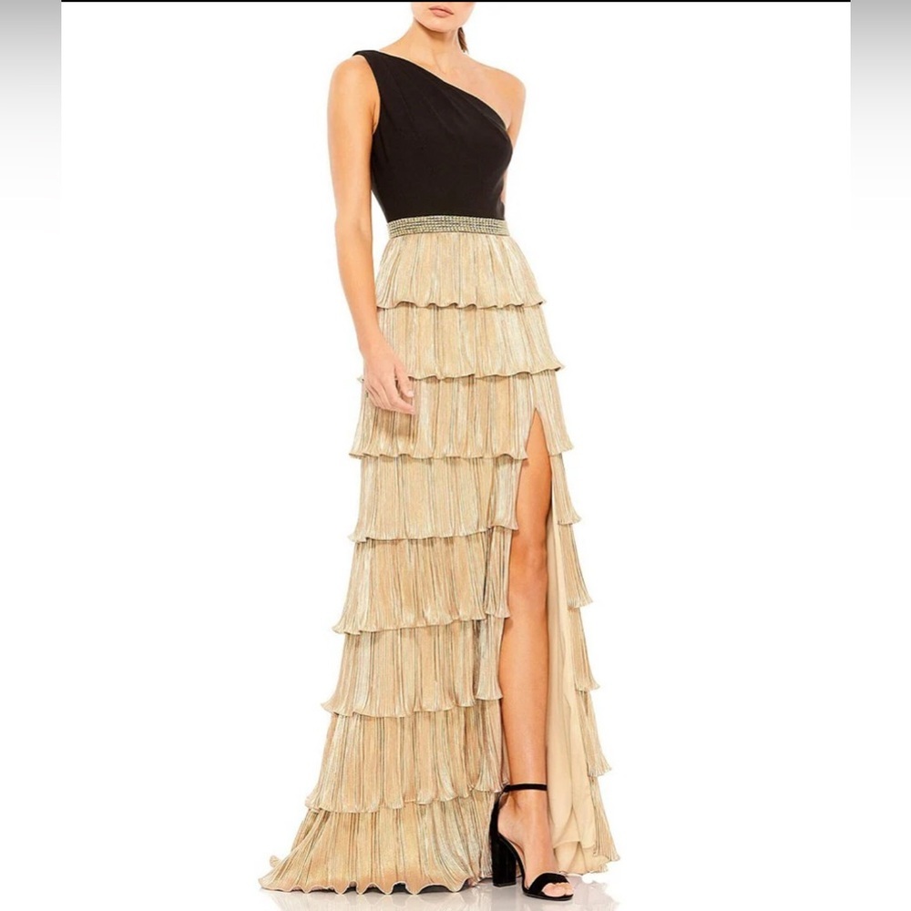 Mac Duggal Black and Gold One Shoulder Dress